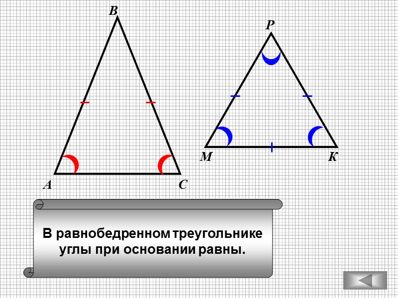 В равнобедренном треугольнике углы при основании равны. А В С М К Р